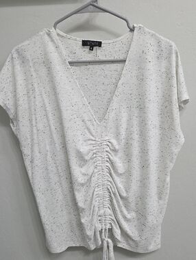 1. State White Speckled V-Neck Ruched Tie Front Tee
